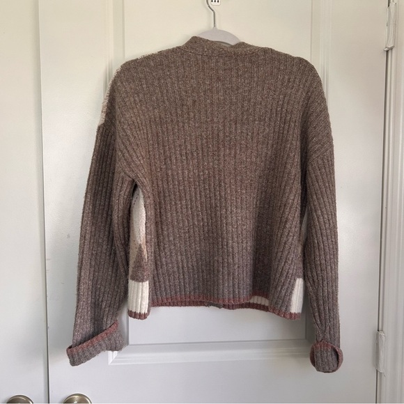 Rachel Zoe Brown Cream Argyle V-neck Cardigan Button front Sweater - Picture 3 of 5